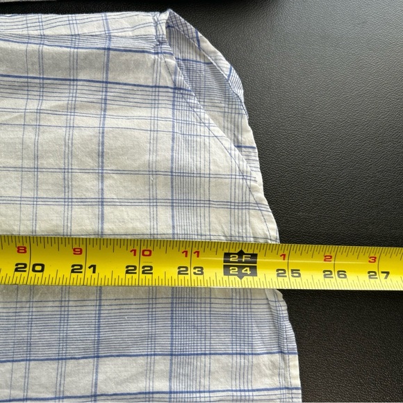 LOFT Plaid Linen Blend Button Blouse Peter Pan Collar Preppy White Blue Spring - Picture 6 of 12